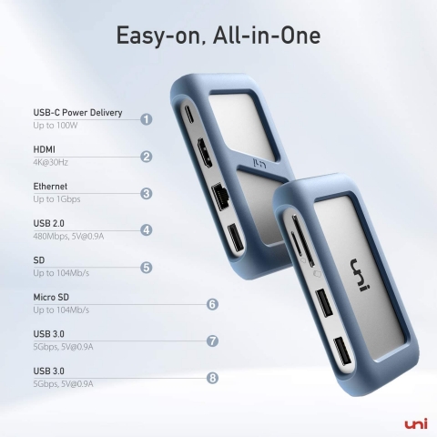 Uni 8 Portlu USB C Hub