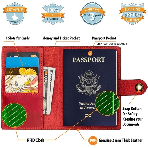 Villini RFID Korumal Erkek Deri Pasaportluk (Krmz)