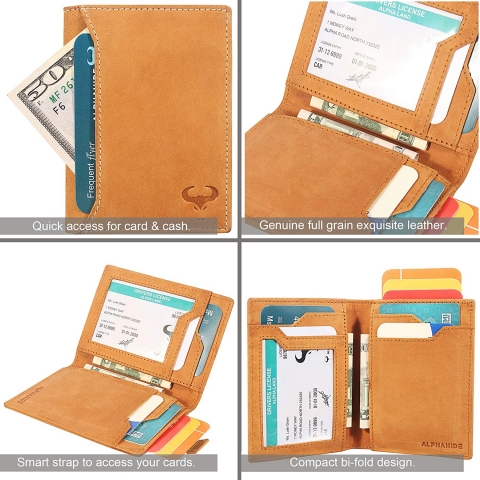 ALPHAHIDE RFID Korumal Erkek Deri Czdan (Ak Kahve)