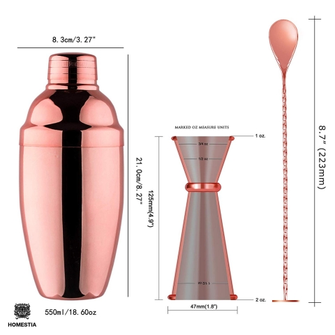 Homestia Paslanmaz elik Kokteyl Shaker Set (Rose Gold)