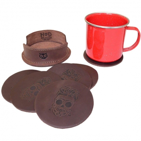 Hide & Drink Deri Bardak Altl(Kurukafa Desenli, 6 Adet)