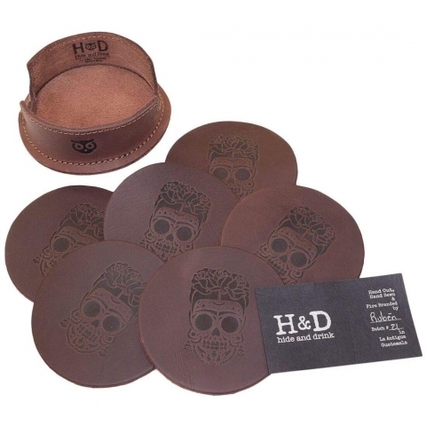 Hide & Drink Deri Bardak Altl(Kurukafa Desenli, 6 Adet)