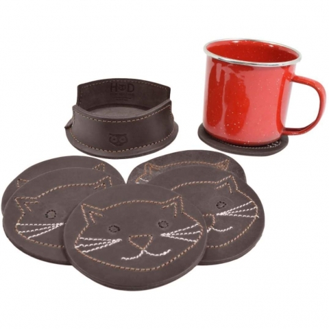Hide & Drink Deri Bardak Altl(Kedi Figrl, 6 Adet)