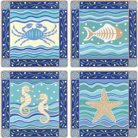 CoasterStone Seramik Bardak Altl(Deniz Desenli, 4 Adet)