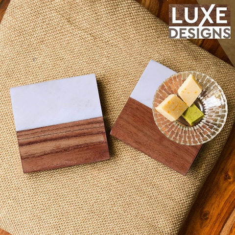 Luxe Designs Mermer ve Ahap Bardak Altl (4 Adet)