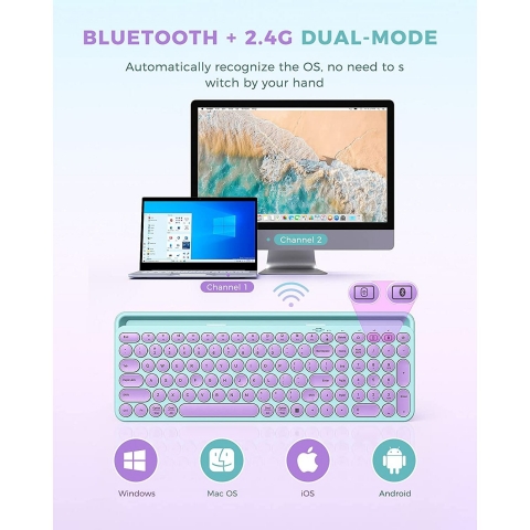 PEIOUS Bluetooth Kablosuz Klavye (Mor/Mavi)