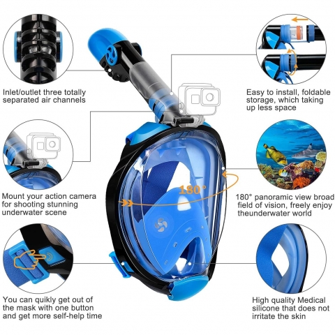 OUSPT T�m Y�z Maske �norkel Set (S, Mavi/Siyah)