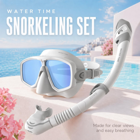 WATERTIME Dry Top �norkel Seti ve 3 Caml� Panoramik Dal�� Maskesi