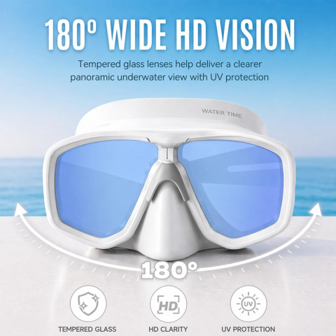 WATERTIME Dry Top �norkel Seti ve 3 Caml� Panoramik Dal�� Maskesi