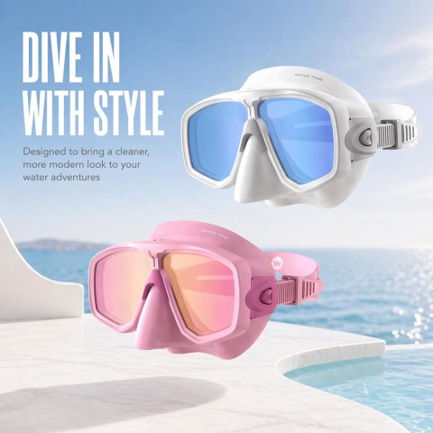WATERTIME Dry Top �norkel Seti ve 3 Caml� Panoramik Dal�� Maskesi