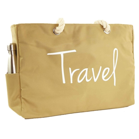 KEHO Travel Yaz�l� Kanvas Plaj �antas� (Krem)