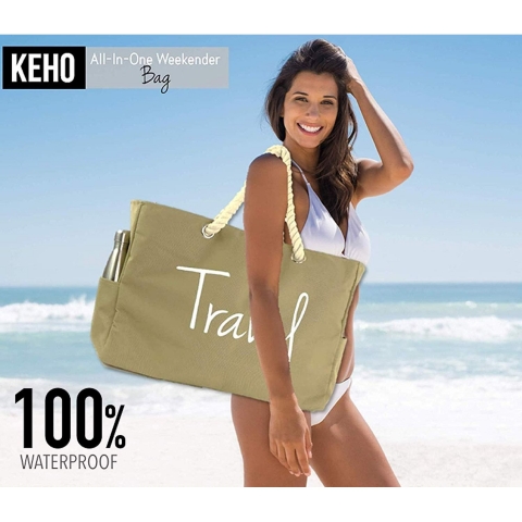 KEHO Travel Yaz�l� Kanvas Plaj �antas� (Krem)