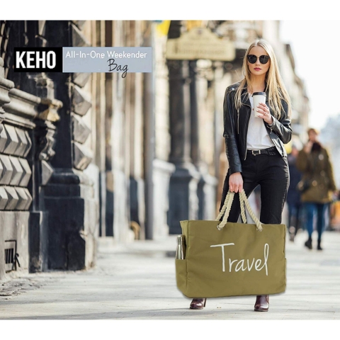 KEHO Travel Yaz�l� Kanvas Plaj �antas� (Krem)