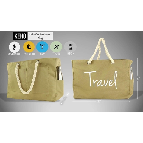 KEHO Travel Yaz�l� Kanvas Plaj �antas� (Krem)