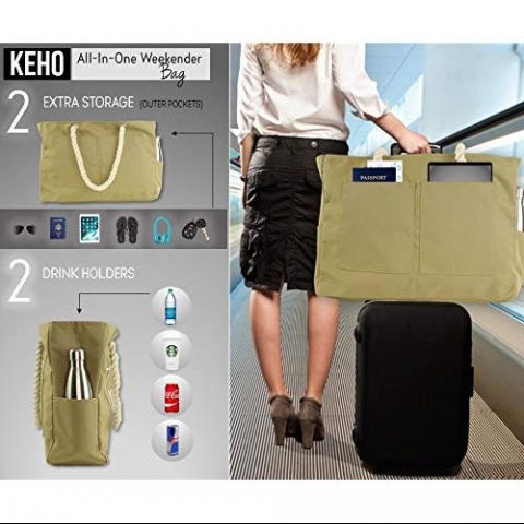 KEHO Travel Yaz�l� Kanvas Plaj �antas� (Krem)