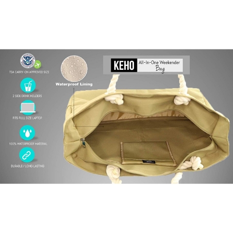 KEHO Travel Yaz�l� Kanvas Plaj �antas� (Krem)