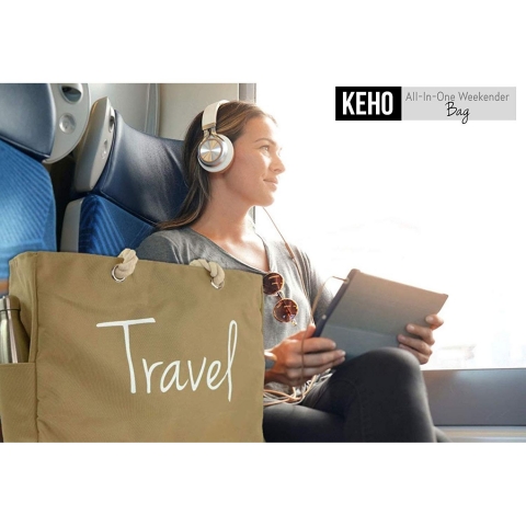KEHO Travel Yaz�l� Kanvas Plaj �antas� (Krem)
