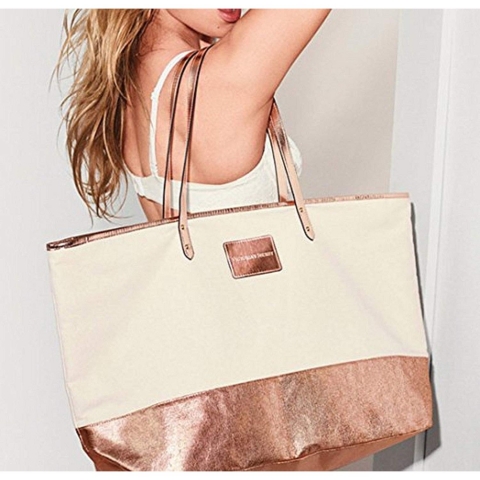 Victoria's Secret Double Strap Canvas Tote Bag Rose Gold