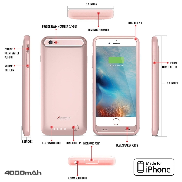 Alpatronix iPhone 6S /6 Plus Bataryal Klf (4000mAh)-Rose Gold