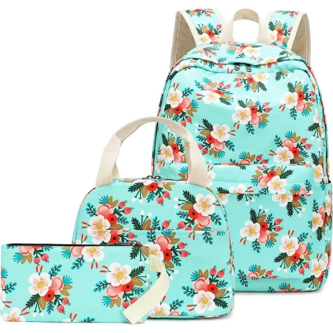 BLUBOON ocuk Okul Srt antas Set(Mavi iek Desenli)