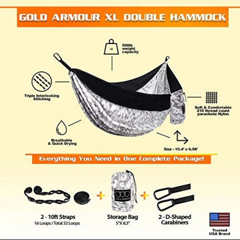 Gold Armour Extra Large Naylon Hamak (Siyah Kamuflaj)