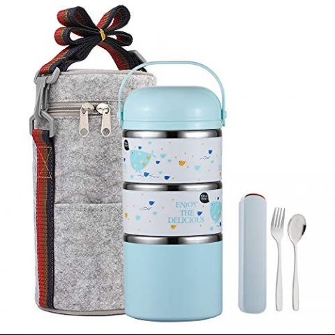 YBOBK HOME Blmeli Yemek Termosu Sefer Tas (Mavi)