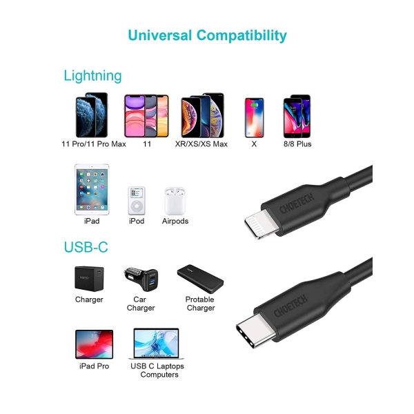CHOETECH Lightning to USB C Kablo (2M)-Black