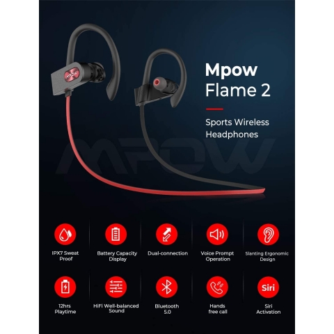 Mpow FLAME2 Bluetooth Kablosuz Kancal Kulaklk-Red