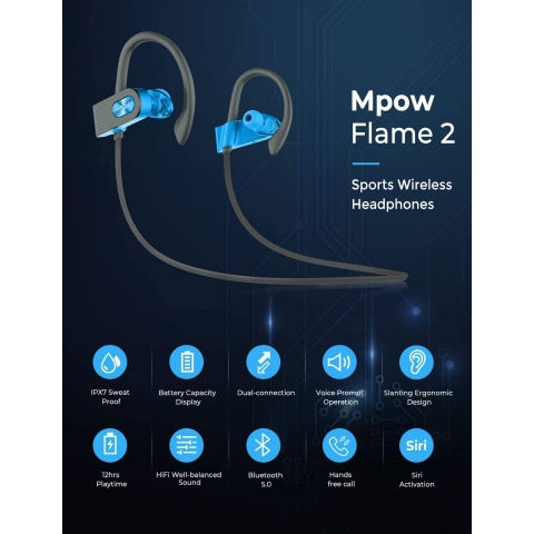 Mpow FLAME2 Bluetooth Kablosuz Kancal Kulaklk-Blue