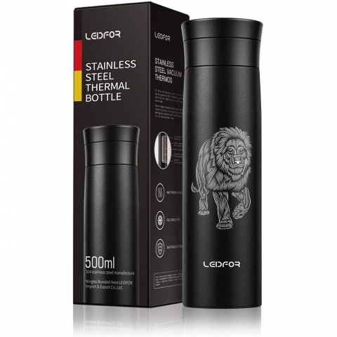 LEIDFOR Paslanmaz �elik Termos (Siyah Aslan)(500ml)