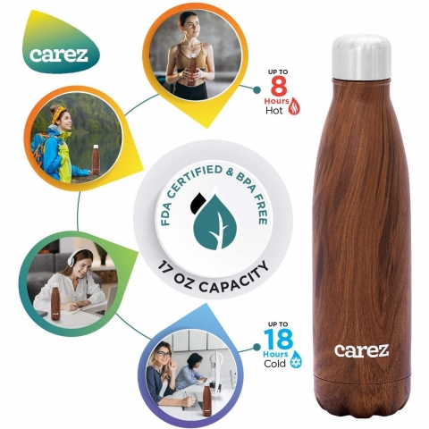 CAREZ Paslanmaz elik Su iesi (Teakwood)(500ml)