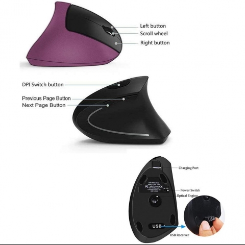 Funwaretech Bluetooth Vertical Ergonomik Mouse (Mor)