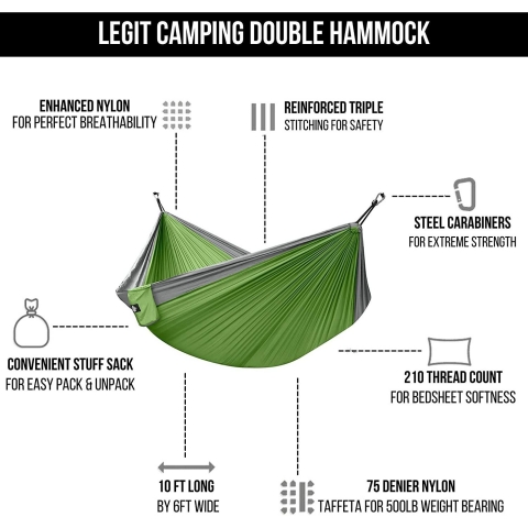 Legit Camping ift Kiilik Hamak (Yeil/Gri)