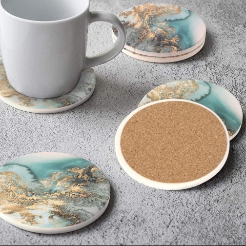Lahome 6 Adet Seramik Bardak Altl Set (Mavi Mermer Desenli)