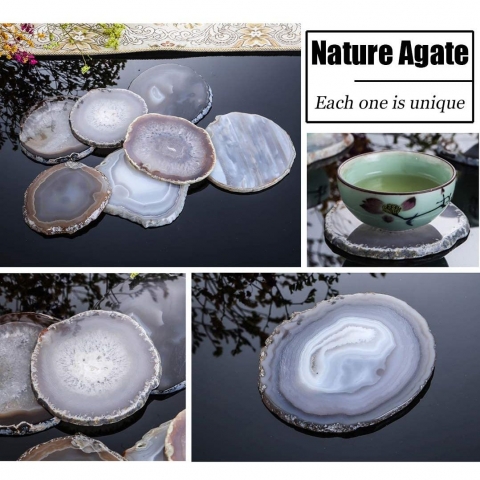 AMOYSTONE Kahverengi Agate Bardak Altl Set (4 Adet)