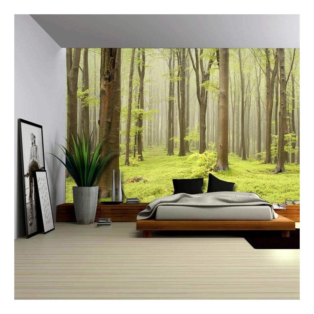 Обои на стену лес. Фотообои в спальню. Фотообои лес в спальне. Фотообои лес в интерьере спальни. Комната с фотообоями лес.