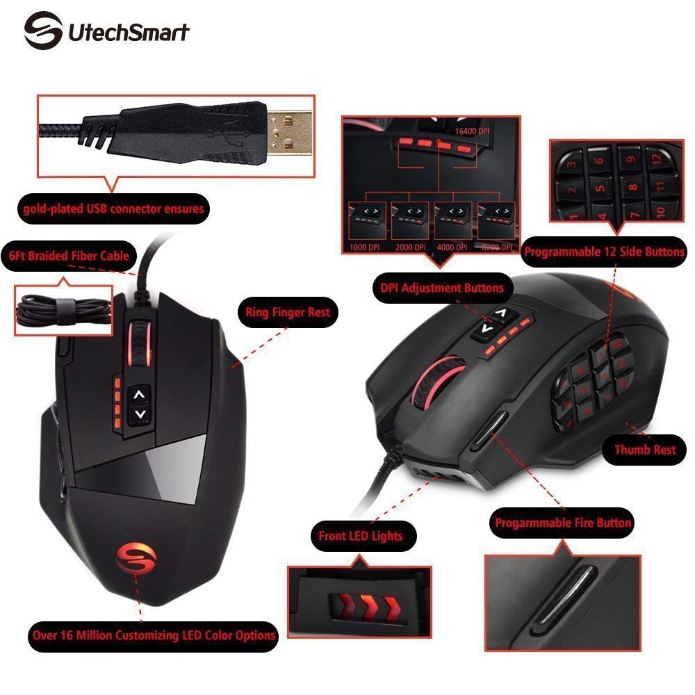 UtechSmart Venus Gaming Mouse RGB Wired, 16400 DPI High Precision 10402