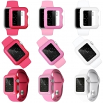 iCASEIT Apple Watch 42 mm Klf ve Cam Ekran Koruyucu (3 Adet)-Hot Pink Baby Pink White