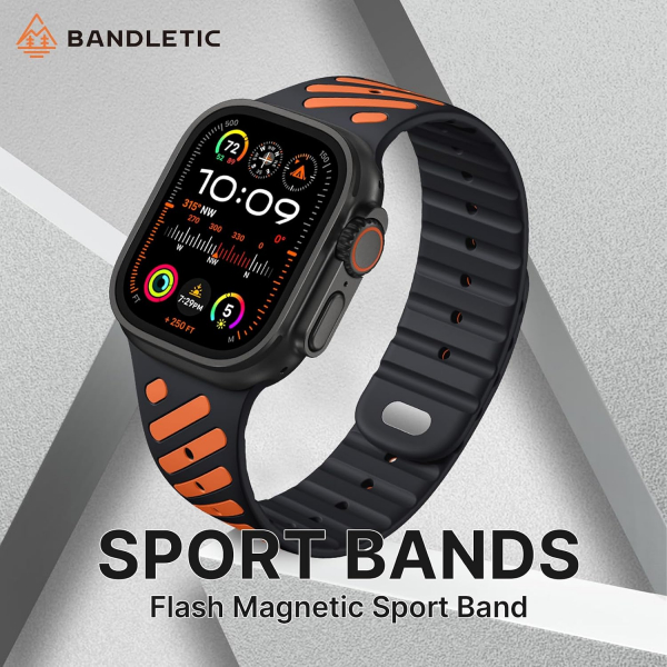 Bandletic Apple Watch Ultra 4 Manyetik Silikon Kay��-Black/Orange