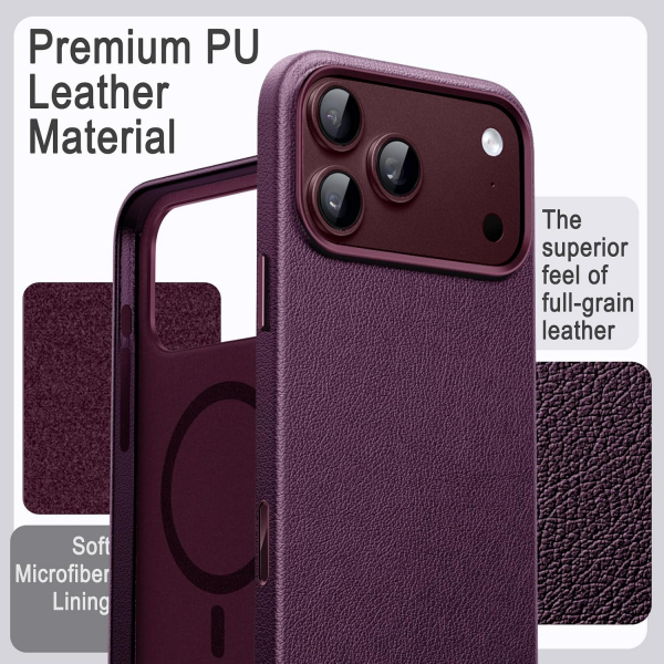 JETech iPhone 18 Pro Vegan Deri MagSafe K�l�f-Dark Cherry