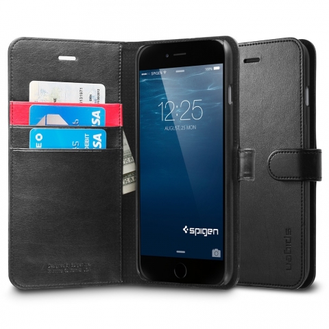 Spigen iPhone 6 Plus Case Wallet S Deri Czdan Klf-Black