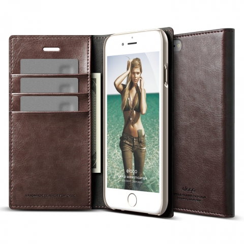 elago S6 iPhone 6 Leather Wallet Deri Kapakl Klf + HD Ekran Koruyucu-Kahverengi