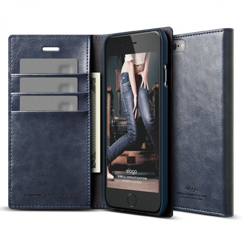 elago S6 iPhone 6 Leather Wallet Deri Kapakl Klf + HD Ekran Koruyucu-Lacivert