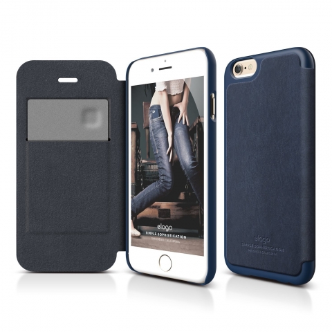 elago S6 iPhone 6 Leather Flip Case Deri Czdan Klf + HD Ekran Koruyucu-Lacivert