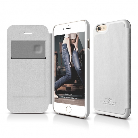 elago S6 iPhone 6 Leather Flip Case Deri Czdan Klf + HD Ekran Koruyucu-Beyaz