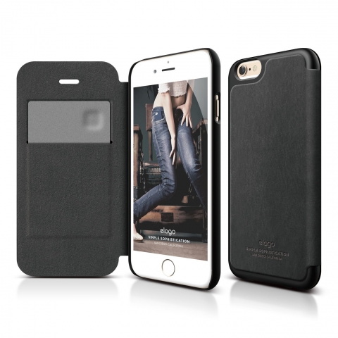 elago S6 iPhone 6 Leather Flip Case Deri Czdan Klf + HD Ekran Koruyucu-Siyah
