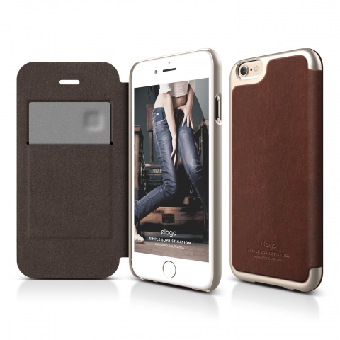elago S6 iPhone 6 Leather Flip Case Deri Czdan Klf + HD Ekran Koruyucu-Kahverengi-Altn
