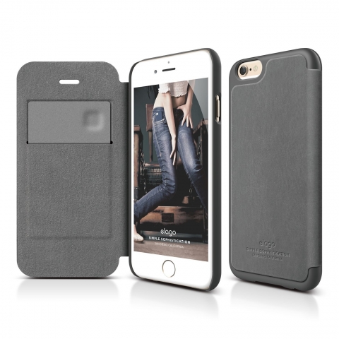 elago S6 iPhone 6 Leather Flip Case Deri Czdan Klf + HD Ekran Koruyucu-Koyu Gr