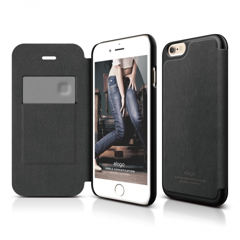 elago S6+ iPhone 6 Plus Leather Flip Case + HD Ekran Koruyucu-Siyah