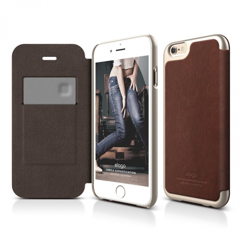 elago S6+ iPhone 6 Plus Leather Flip Case + HD Ekran Koruyucu-Kahverengi-Altn